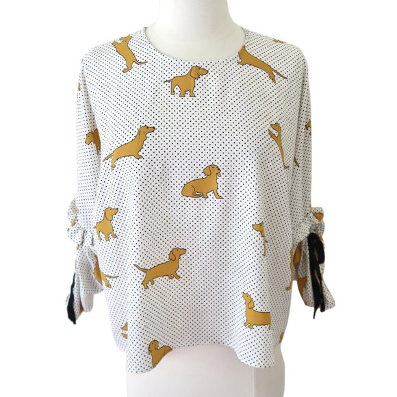 ZARA Dachshund dog print polka dot top sz L - Picture 2 of 5